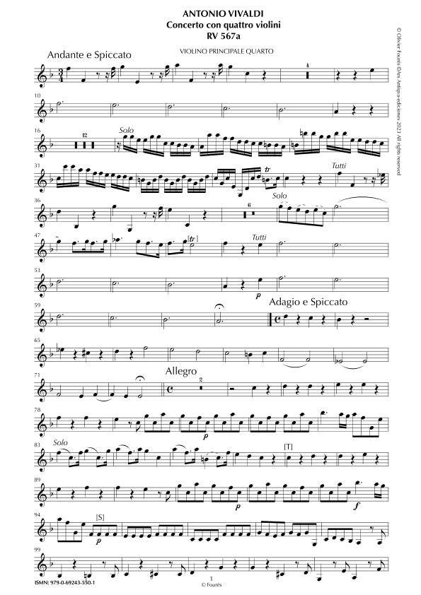 RV 567 / RV567a Concerto per 4 Violini e Violoncello in Fa maggiore "L´Estro Armonico" opera terza n.VII