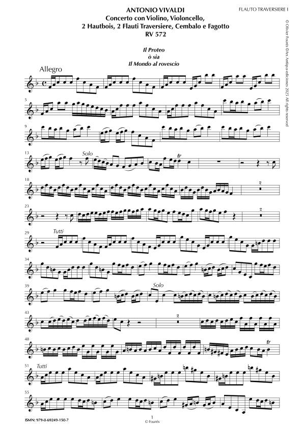 RV 544 - RV 572 "Il Proteo ò sia Il Mondo al rovescio" Concerto con Violino e Violoncello o Violino, Violoncello, 2 Flauti Traversieri, 2 Hautbois, Cembalo e Fagotto