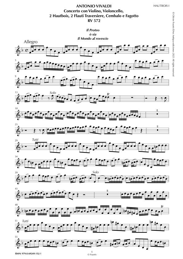 RV 544 - RV 572 "Il Proteo ò sia Il Mondo al rovescio" Concerto con Violino e Violoncello o Violino, Violoncello, 2 Flauti Traversieri, 2 Hautbois, Cembalo e Fagotto