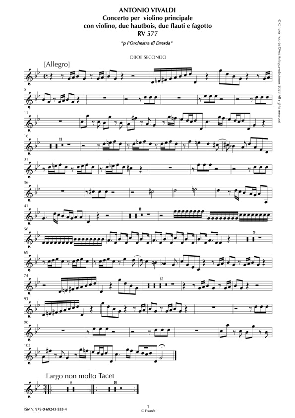 RV 577 Concerto per 2 Violini, 2 Flauti, 2 Oboi e Fagotto "per l´Orchestra di Dresda" in sol minore