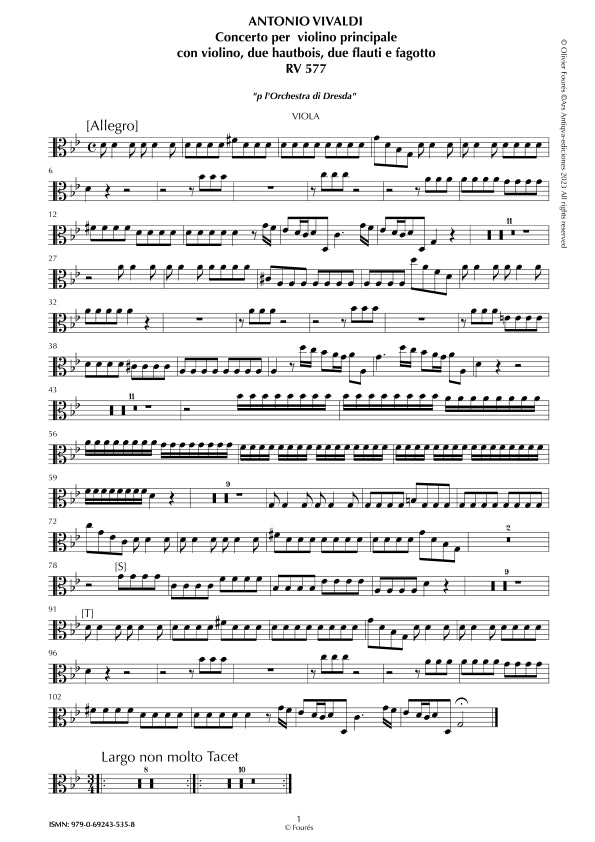 RV 577 Concerto per 2 Violini, 2 Flauti, 2 Oboi e Fagotto "per l´Orchestra di Dresda" in sol minore