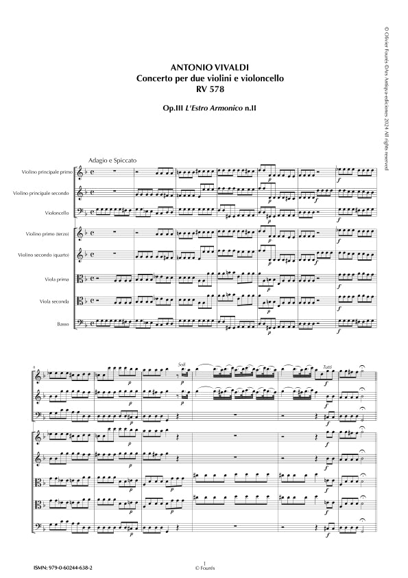 RV 578 / RV578a Concerto per 2 Violini e Violoncello in sol minore "L´Estro Armonico" opera terza n.II