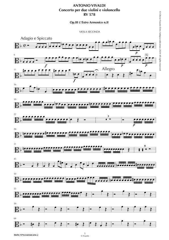 RV 578 / RV578a Concerto per 2 Violini e Violoncello in sol minore "L´Estro Armonico" opera terza n.II