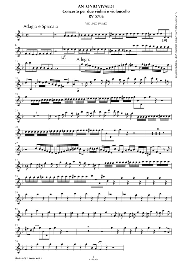 RV 578 / RV578a Concerto per 2 Violini e Violoncello in sol minore "L´Estro Armonico" opera terza n.II