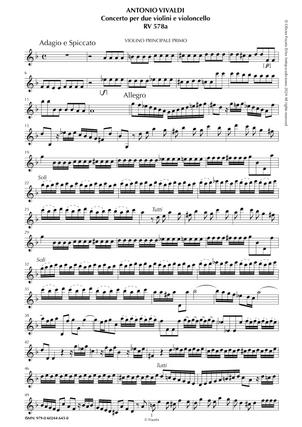 RV 578 / RV578a Concerto per 2 Violini e Violoncello in sol minore "L´Estro Armonico" opera terza n.II