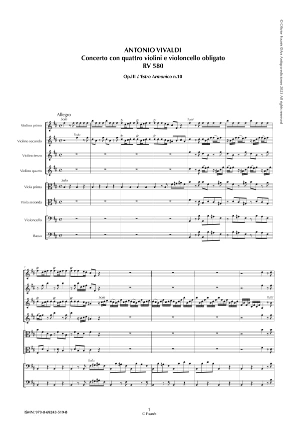 RV 580 Concerto per 4 Violini, 2 Violette, Violoncello e Basso in si minore. Opera terxa n.X