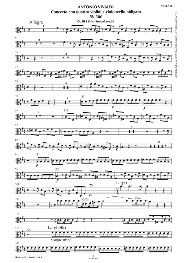 RV 580 Concerto per 4 Violini, 2 Violette, Violoncello e Basso in si minore. Opera terxa n.X