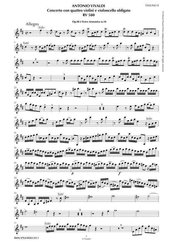 RV 580 Concerto per 4 Violini, 2 Violette, Violoncello e Basso in si minore. Opera terxa n.X