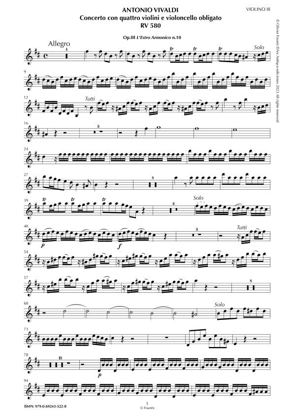RV 580 Concerto per 4 Violini, 2 Violette, Violoncello e Basso in si minore. Opera terxa n.X