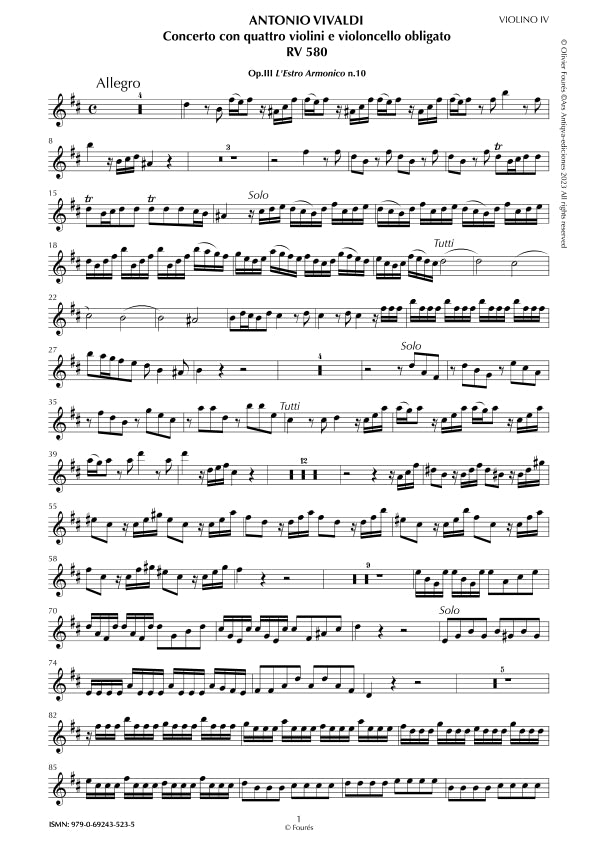 RV 580 Concerto per 4 Violini, 2 Violette, Violoncello e Basso in si minore. Opera terxa n.X