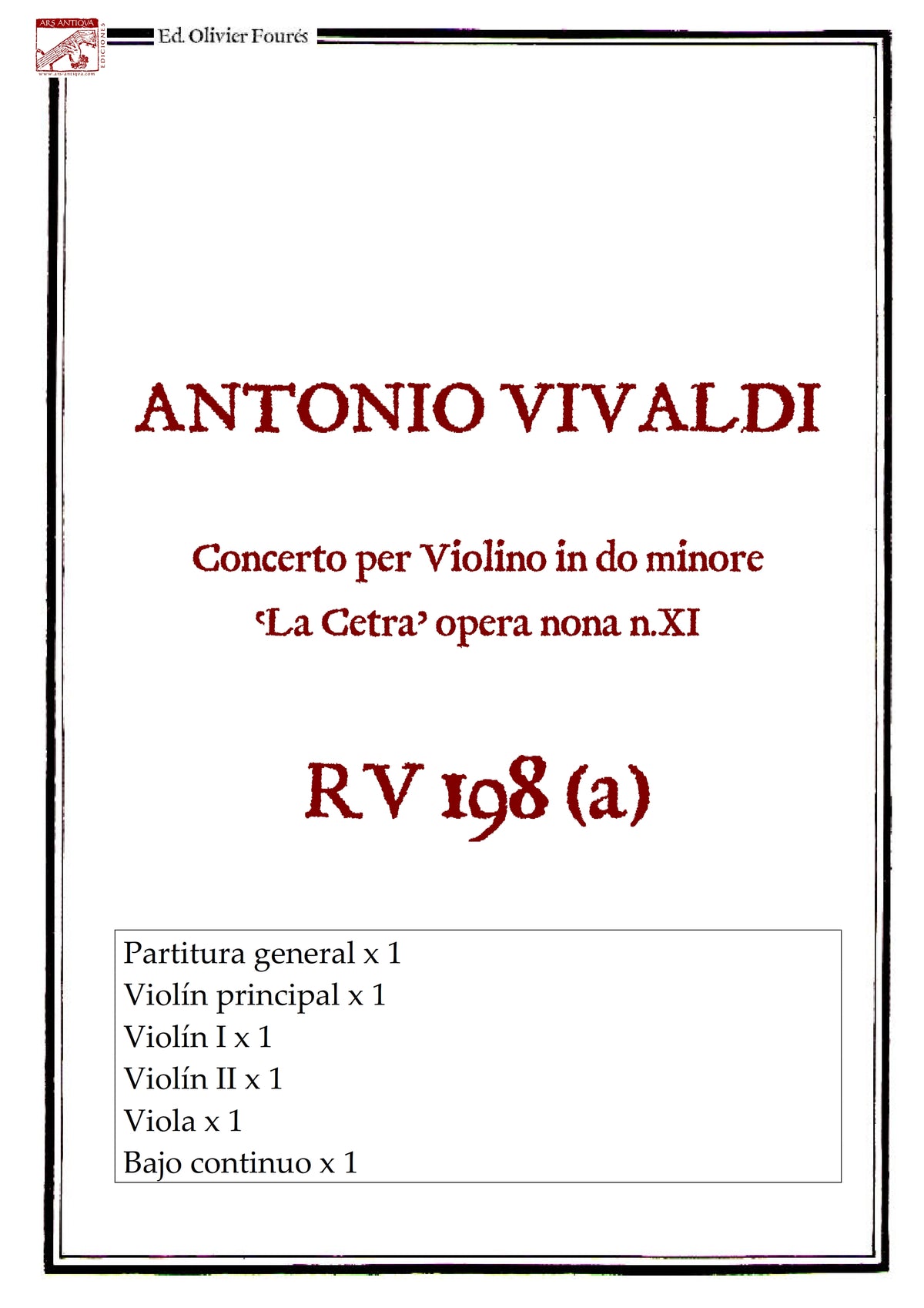 RV 198/ RV 198 a Concerto per Violino in do minore"La Cetra" opera nona n.XI