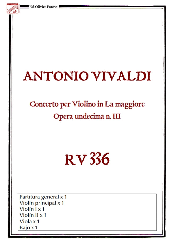 RV 336 Concerto per Violino in La maggiore opera undecima n.III