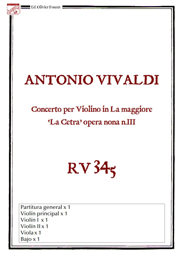 RV 345 Concerto per Violino in La maggiore -La Cetra- opera nona n.II