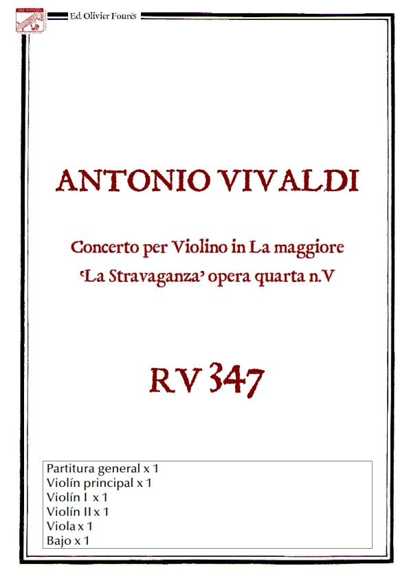 RV 347 Concerto per Violino in La maggiore "La Stravaganza" opera quarta N.V