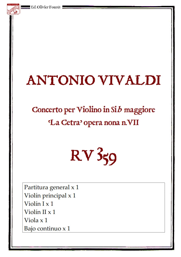 RV 359 Concerto per Violino in SI-b maggiore "La Cetra" opera nona n.VII