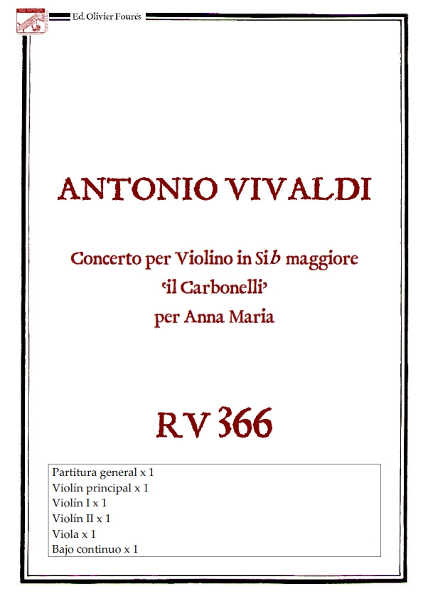 RV 366 Concerto per Violino in Sib maggiore "IL CARBONELLI" per Anna Maria