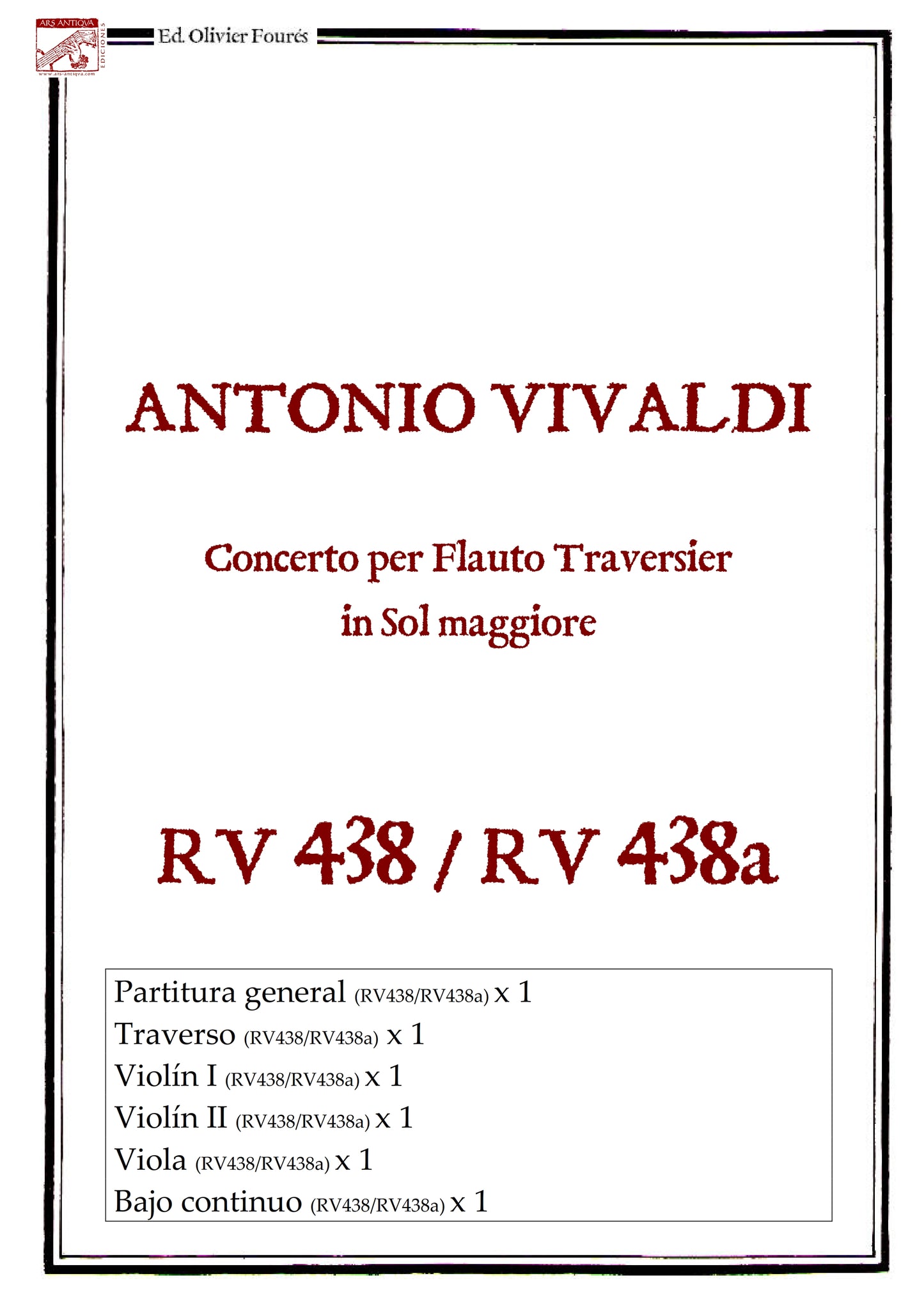 RV 438 / RV 438a Concerto per Traversier in Sol maggiore.