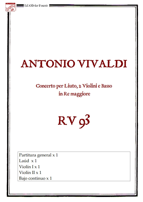 RV 93 Concerto per Liuto, 2 Violino e Basso in Re maggiore