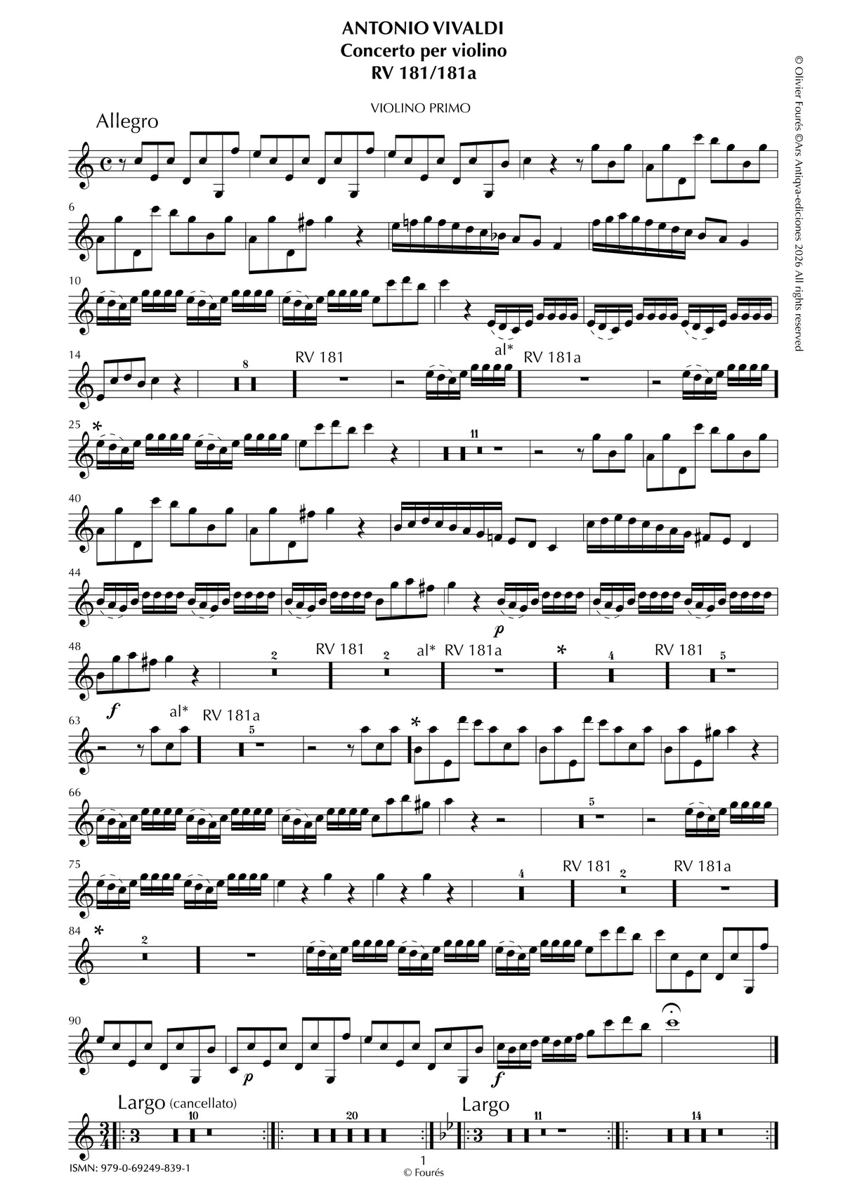 RV 181 / RV 181 a Concerto per Violino in Do maggiore  "La Cetra" opera nona n.I