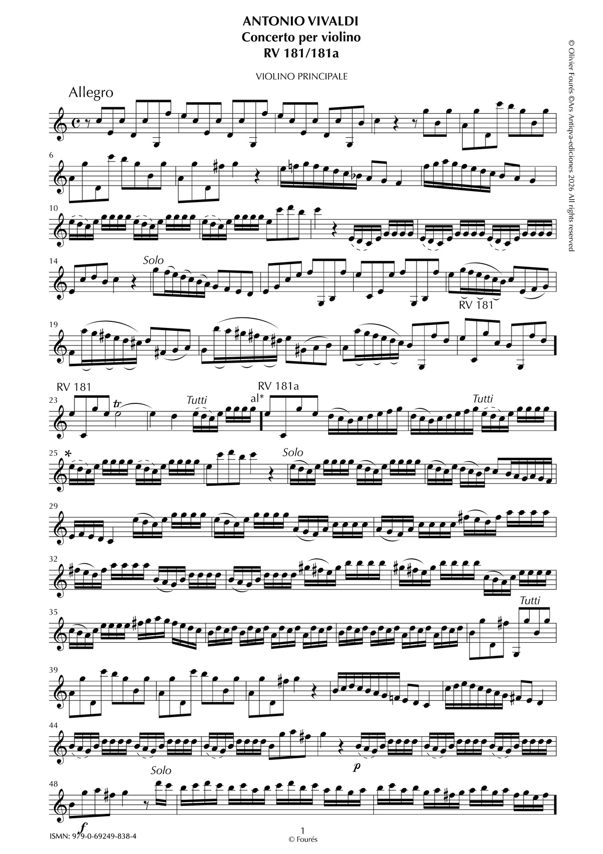 RV 181 / RV 181 a Concerto per Violino in Do maggiore  "La Cetra" opera nona n.I