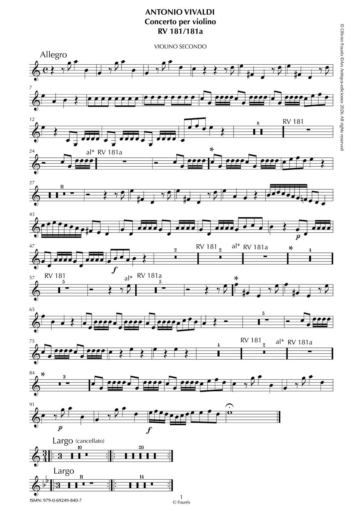 RV 181 / RV 181 a Concerto per Violino in Do maggiore  "La Cetra" opera nona n.I