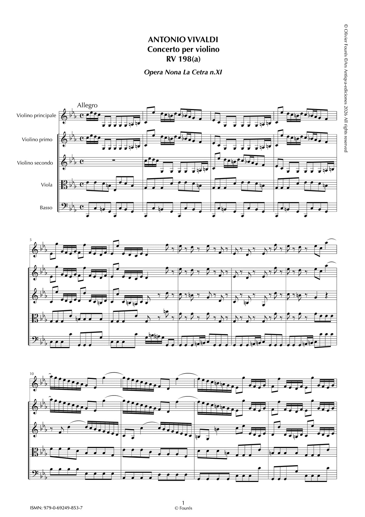 RV 198/ RV 198 a Concerto per Violino in do minore"La Cetra" opera nona n.XI