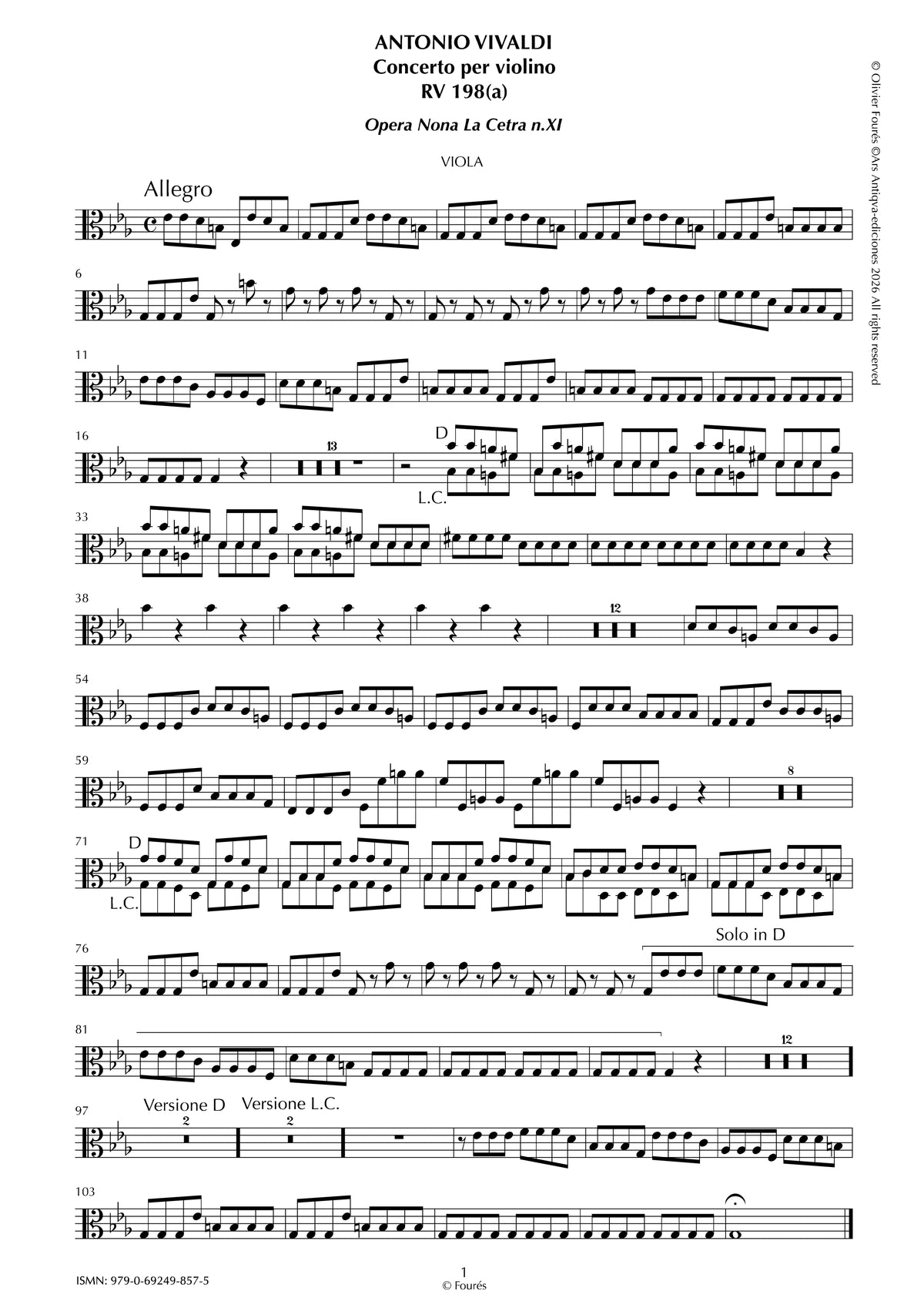 RV 198/ RV 198 a Concerto per Violino in do minore"La Cetra" opera nona n.XI