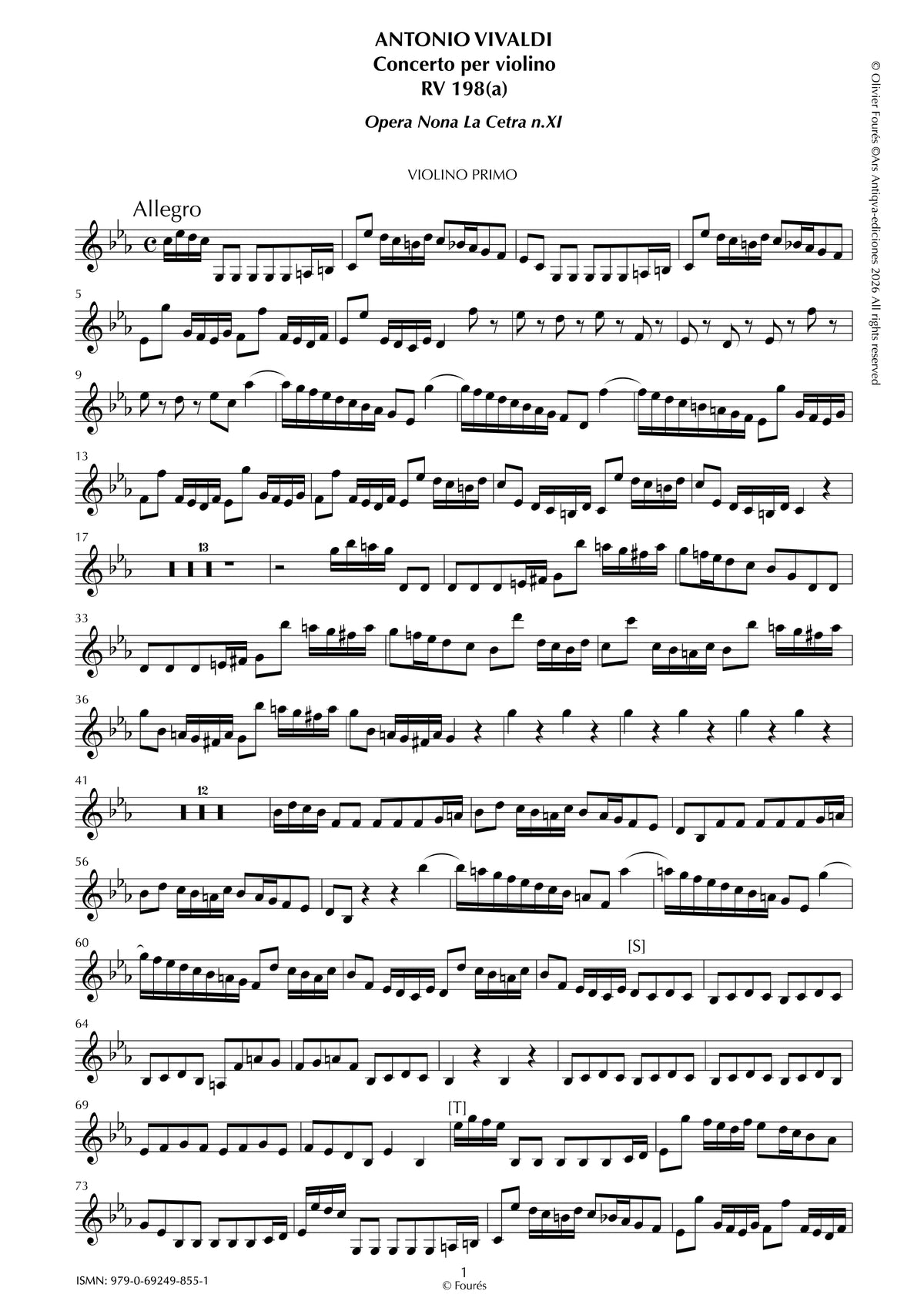 RV 198/ RV 198 a Concerto per Violino in do minore"La Cetra" opera nona n.XI