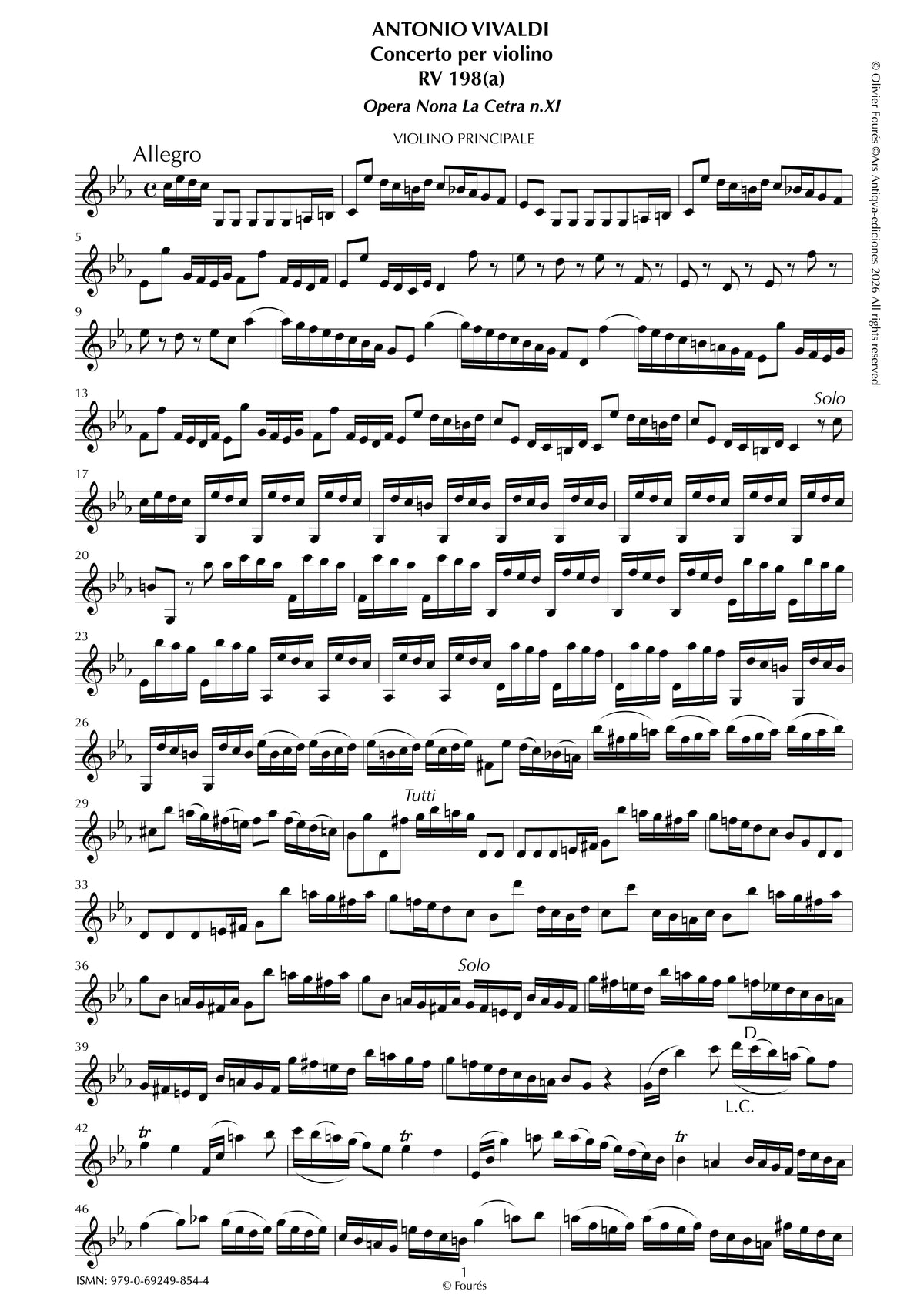 RV 198/ RV 198 a Concerto per Violino in do minore"La Cetra" opera nona n.XI