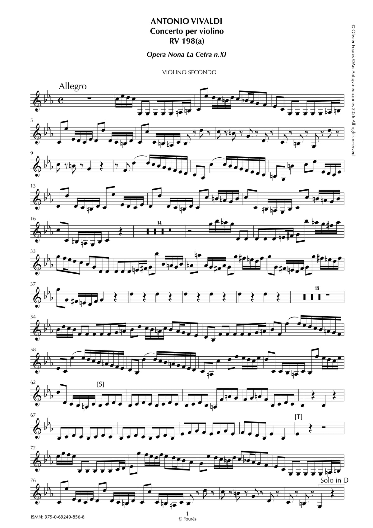 RV 198/ RV 198 a Concerto per Violino in do minore"La Cetra" opera nona n.XI