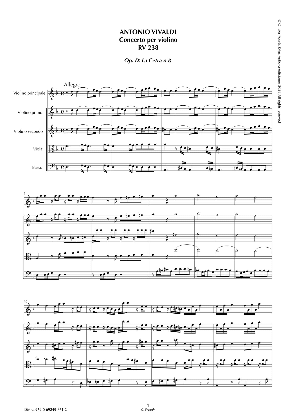 RV 238 Concerto per Violino in re minore -La Cetra- opera nona n.VIII