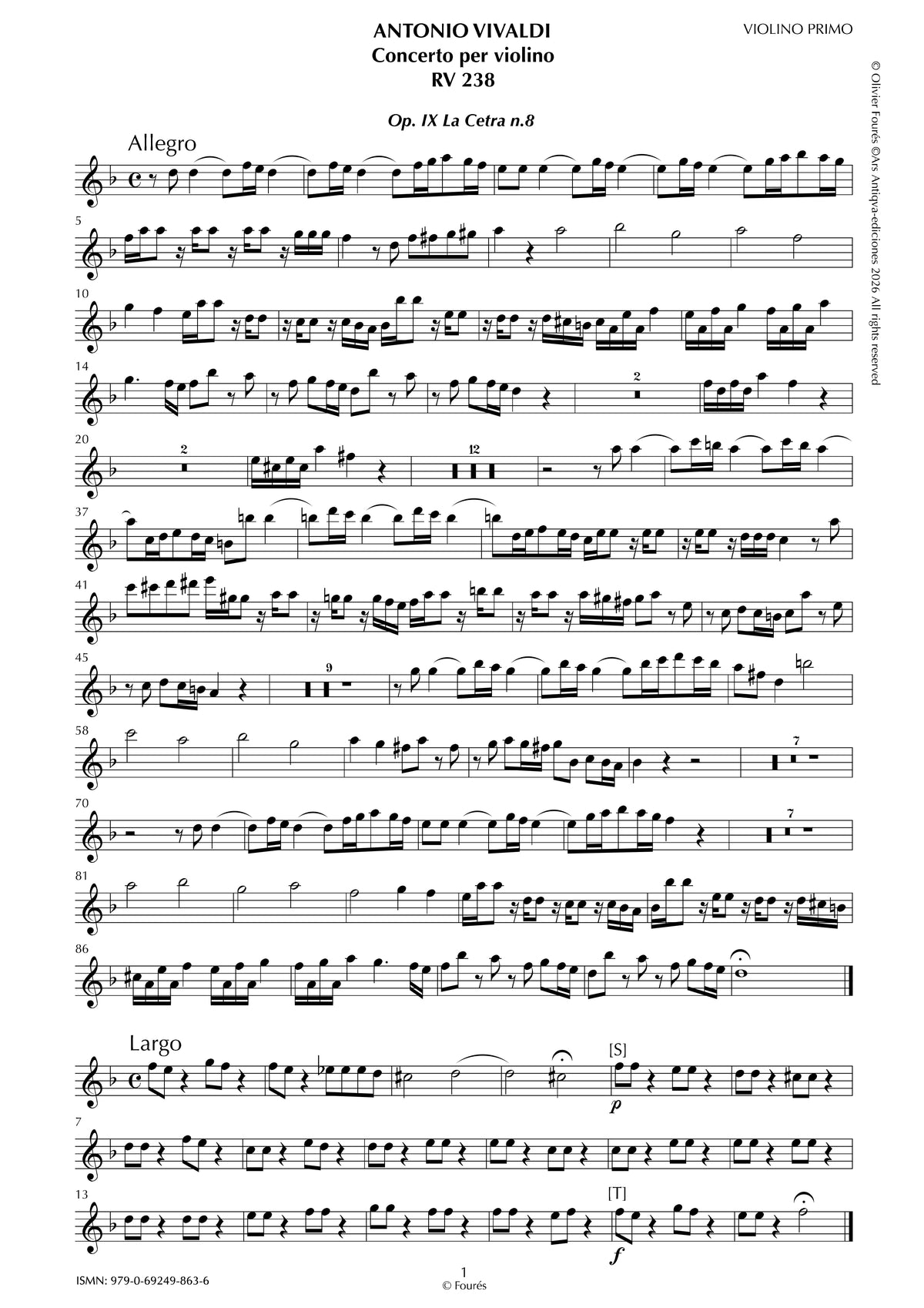 RV 238 Concerto per Violino in re minore -La Cetra- opera nona n.VIII