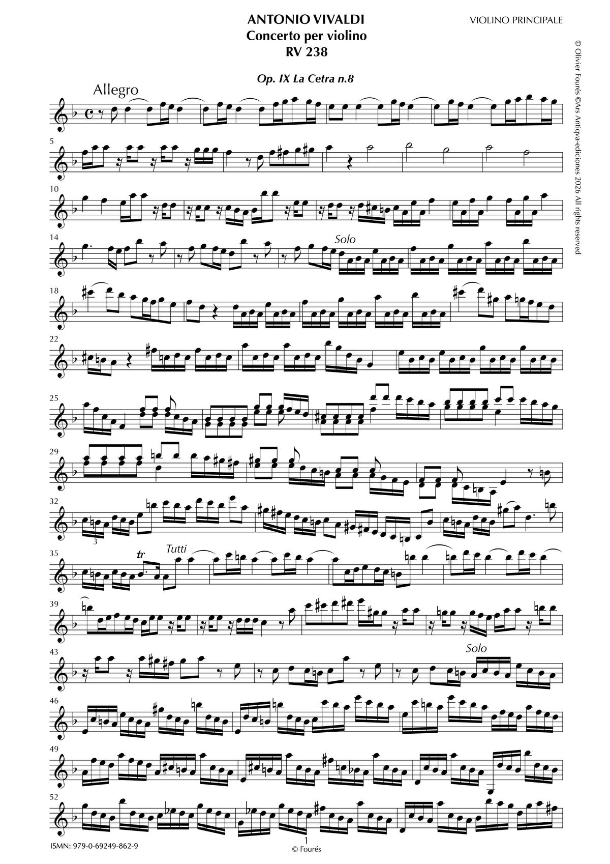 RV 238 Concerto per Violino in re minore -La Cetra- opera nona n.VIII