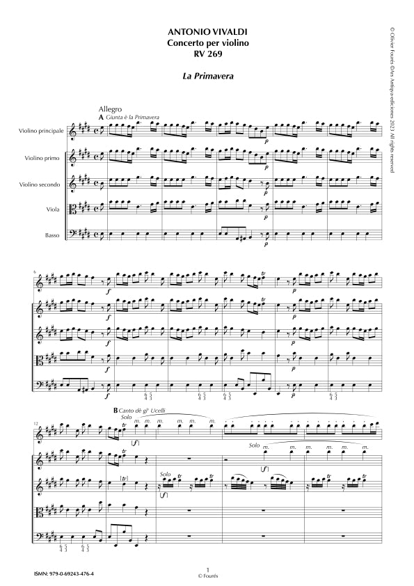 RV 269 "Le quatro stagioni" I. "LA PRIMAVERA" Concerto per violino in Mi maggiore. "Il Cimento dell´Armonia e dell´Invenzione" Opera ottava n.I