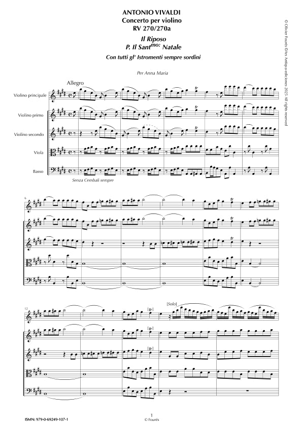 RV 270 / RV 270a Concerto per Violino in Mi maggiore -IL RIPOSO PER IL SANTISSmo: NATALE- per Anna Maria