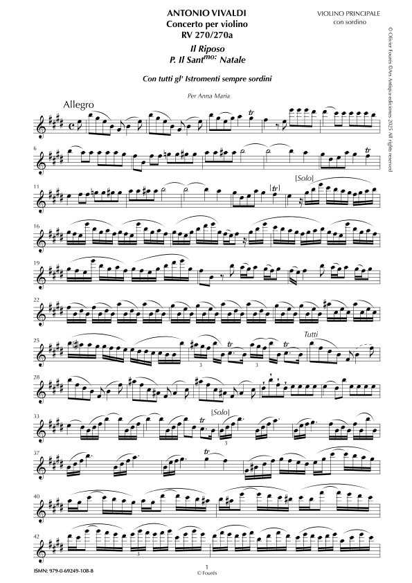 RV 270 / RV 270a Concerto per Violino in Mi maggiore -IL RIPOSO PER IL SANTISSmo: NATALE- per Anna Maria