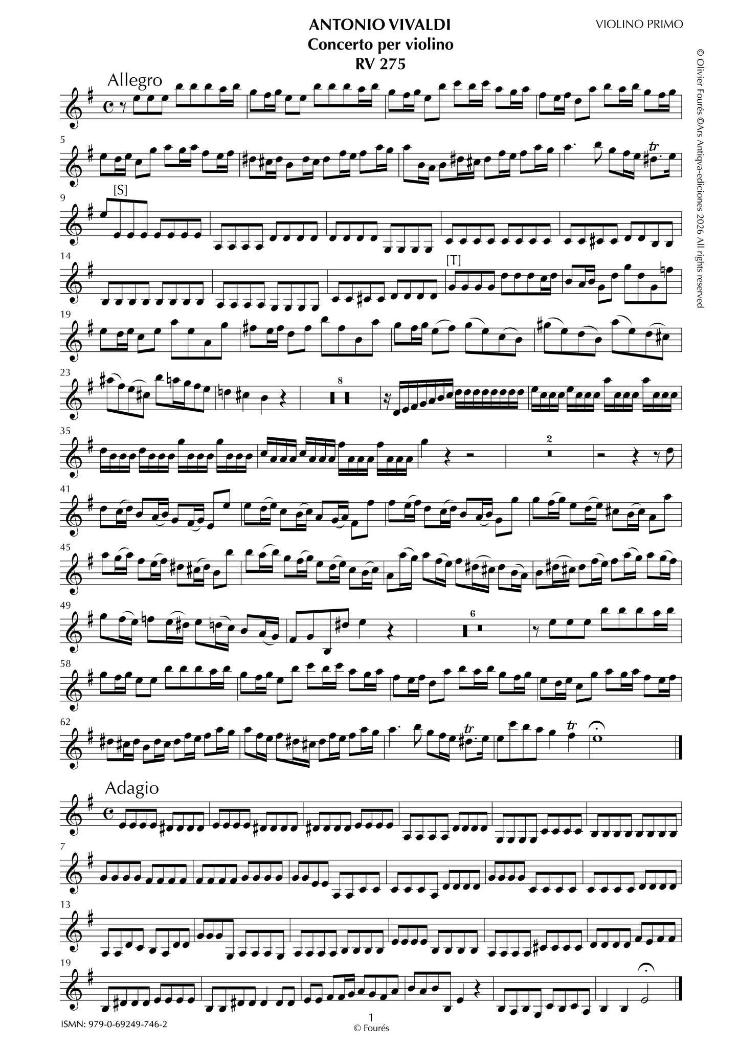 RV 275 Concerto per Violino in mi minore