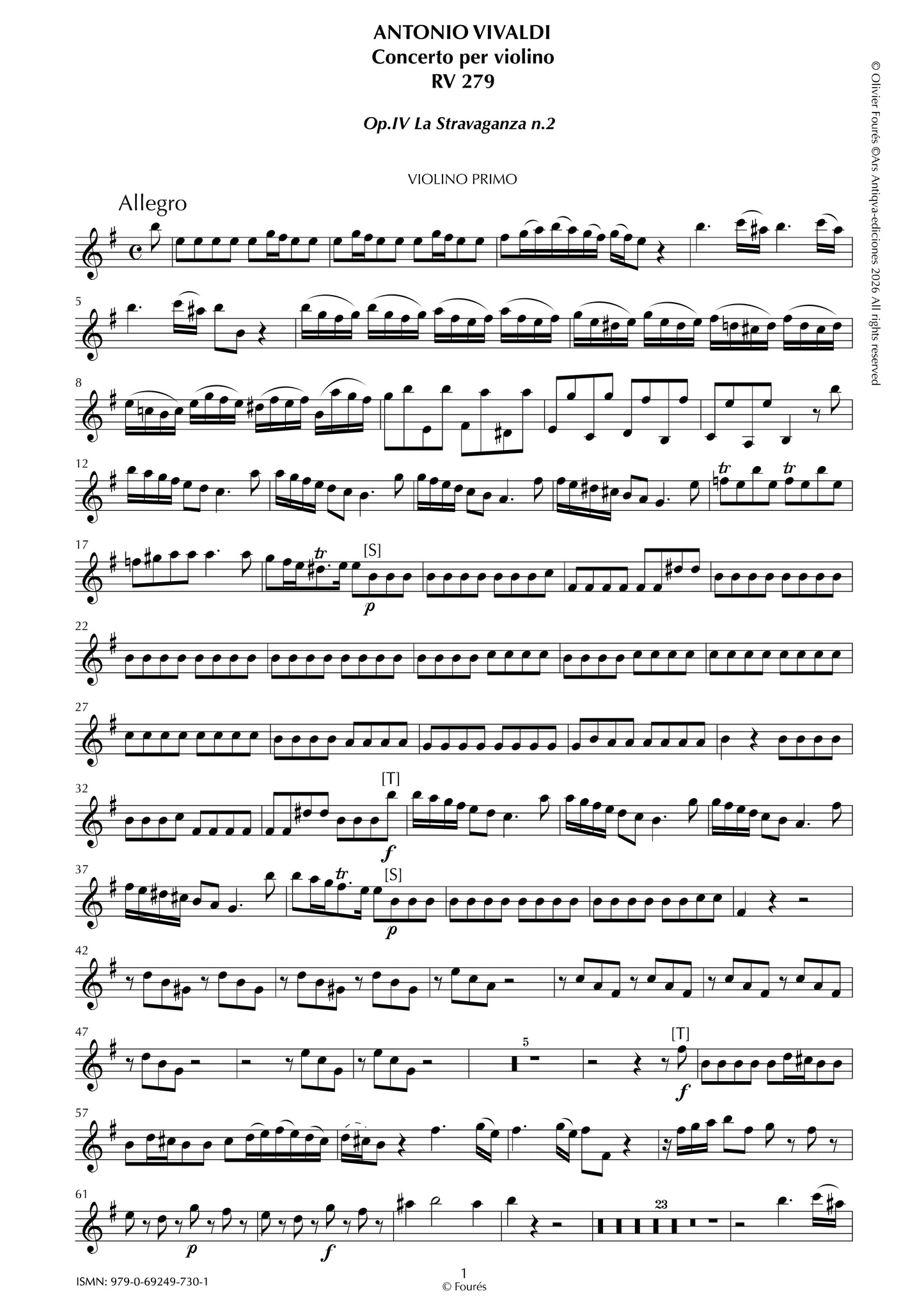 RV 279 Concerto per Violino in mi minore "La Stravaganza" opera quarta N.II