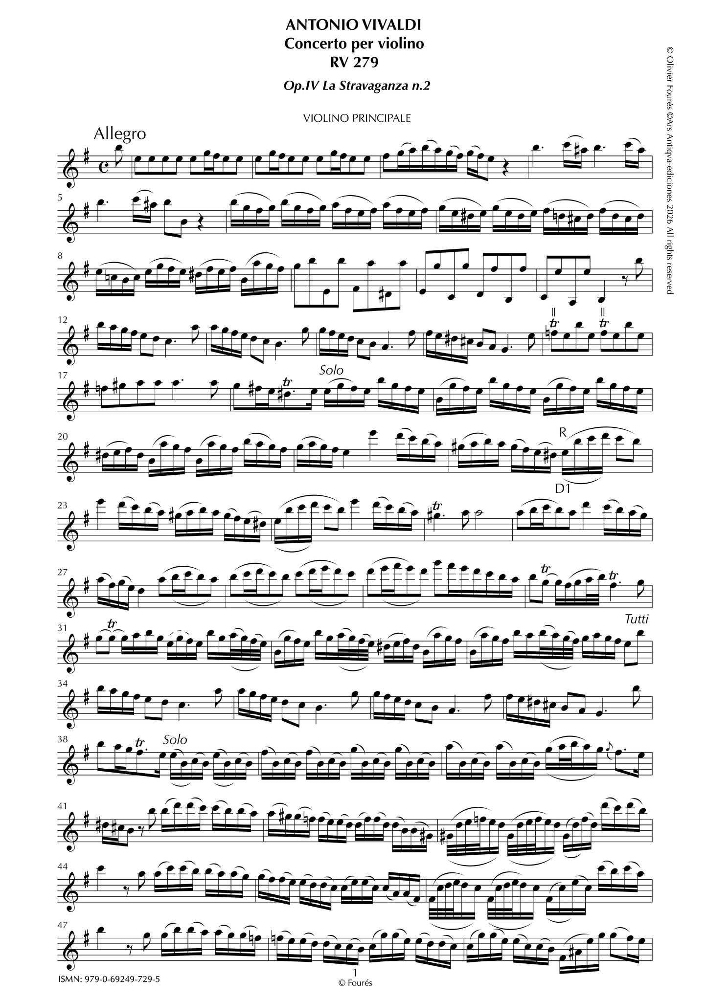 RV 279 Concerto per Violino in mi minore "La Stravaganza" opera quarta N.II