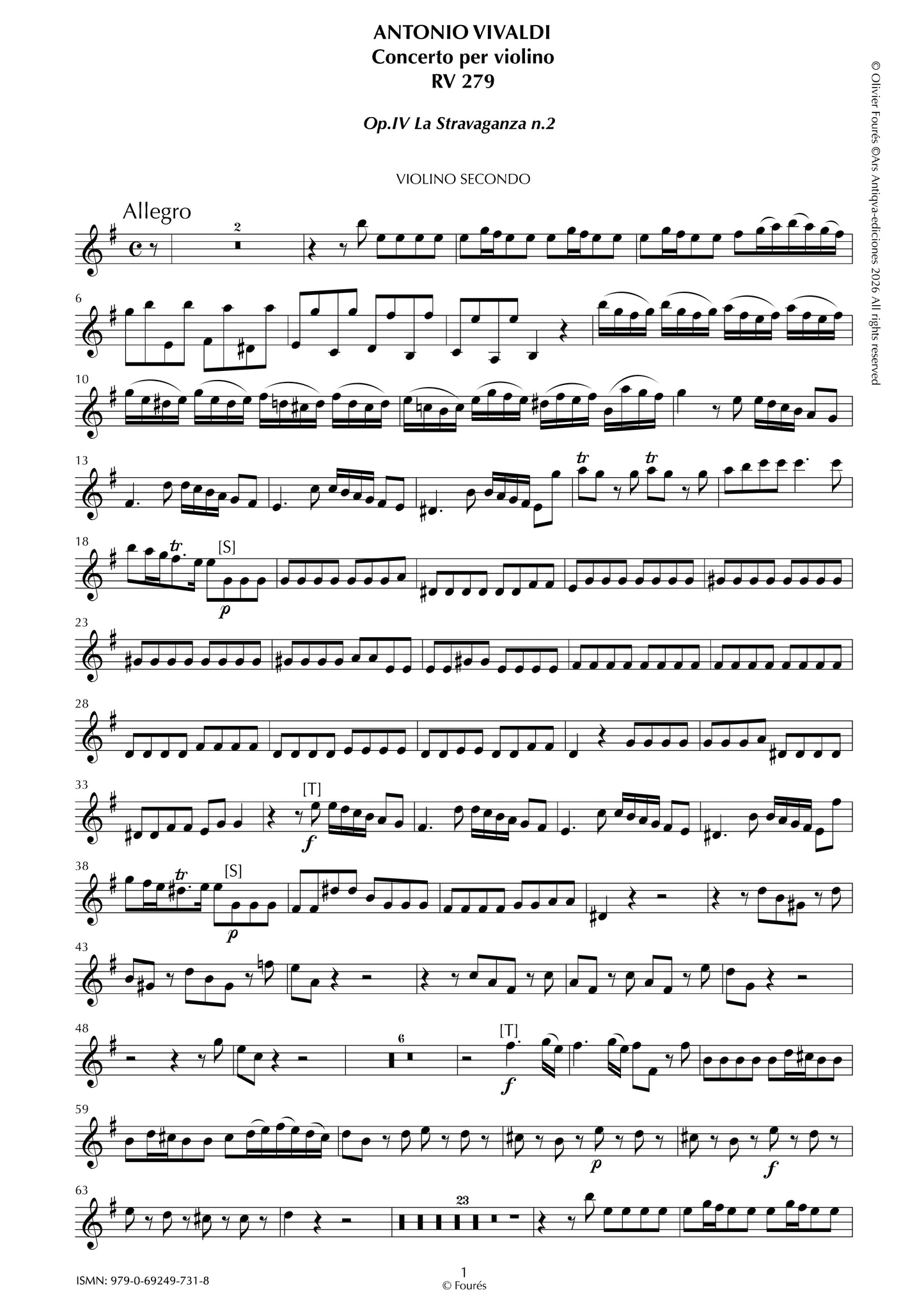 RV 279 Concerto per Violino in mi minore "La Stravaganza" opera quarta N.II