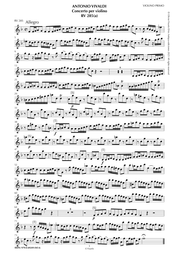 RV 285 Concerto per Violino in Fa maggiore opera settima n.V
