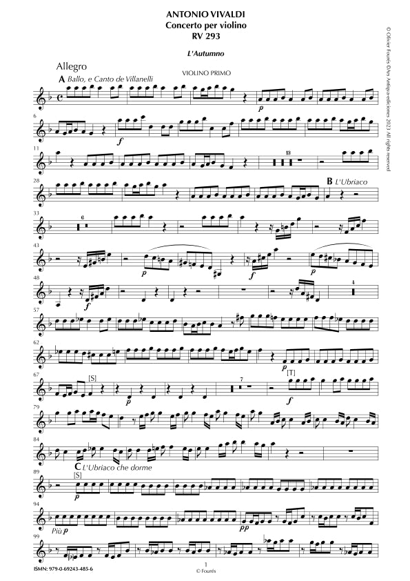 RV 293 "Le quatro stagioni" III. "L´AUTUMNO" Concerto per violino in Fa maggiore. "Il Cimento dell´Armonia e dell´Invenzione" Opera ottava n.III