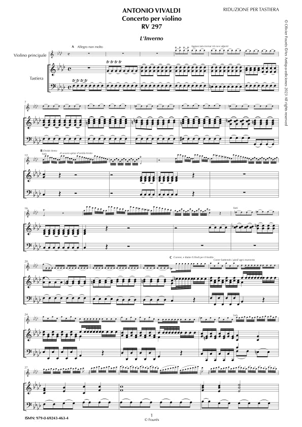 RV 297 "Le quatro stagioni" IV. "L'INVERNO" Concerto per violino in fa minore. "Il Cimento dell´Armonia e dell´Invenzione" Opera ottava n. IV