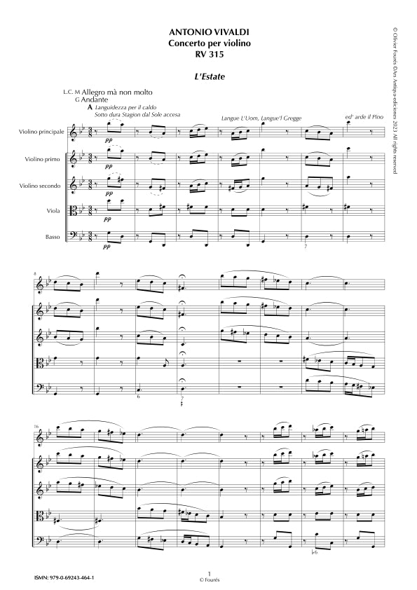 RV 315 "Le quatro stagioni" II. "L'ESTATE" Concerto per violino in sol minore. "Il Cimento dell´Armonia e dell´Invenzione" Opera ottava n.II
