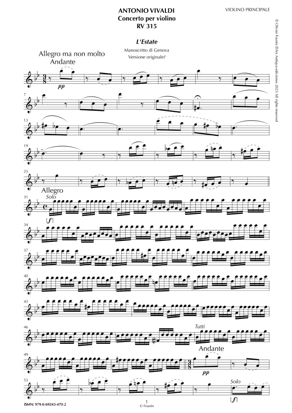 RV 315 "Le quatro stagioni" II. "L'ESTATE" Concerto per violino in sol minore. "Il Cimento dell´Armonia e dell´Invenzione" Opera ottava n.II