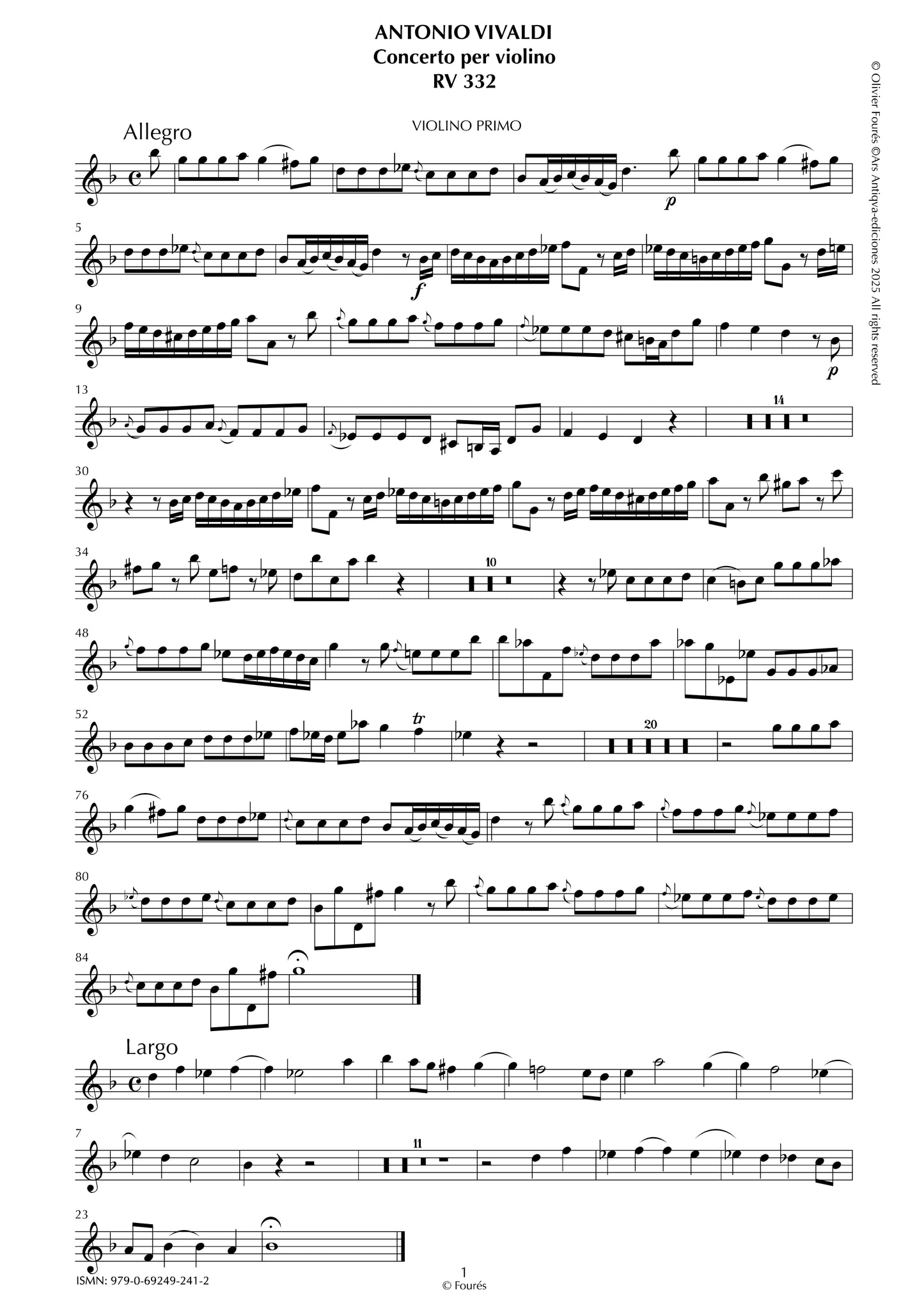 RV 332 Concerto per Violino in sol minore "Il Cimento dell´Armonia e dell´Invenzione" opera ottava N.VIII