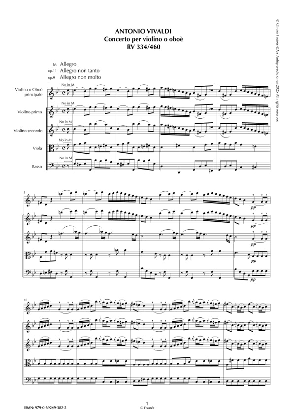 RV 334 / RV 460 Concerto per Violino ò Oboè in sol minore "La Cetra" opera nona n.III (RV 334); Opera undecima n.VI (RV 460)