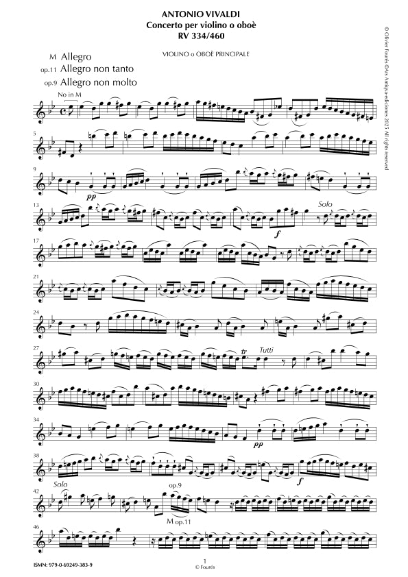 RV 334 / RV 460 Concerto per Violino ò Oboè in sol minore "La Cetra" opera nona n.III (RV 334); Opera undecima n.VI (RV 460)