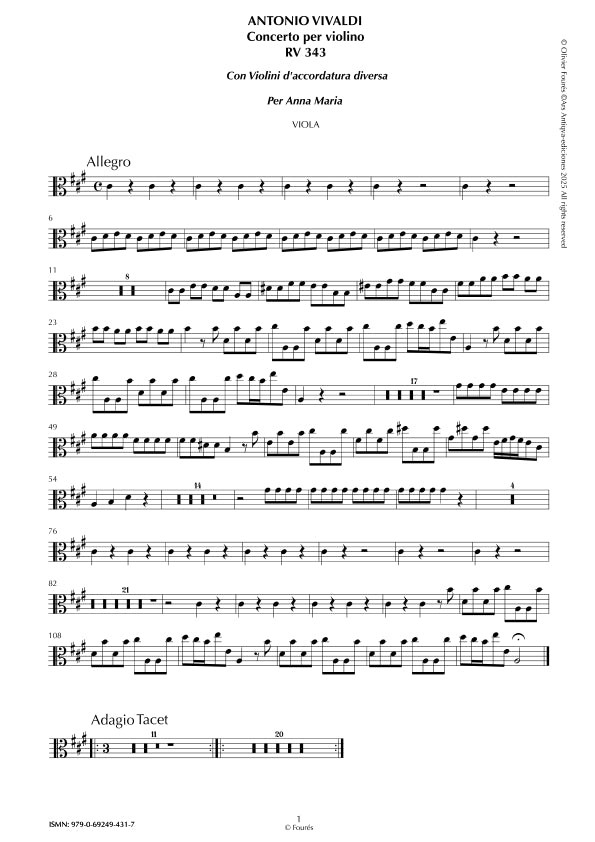 RV 343 Concerto per Violino in La maggiore "con violini d´accordatura diversa" per Anna Maria