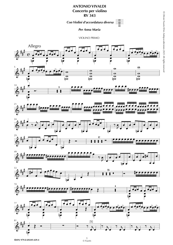 RV 343 Concerto per Violino in La maggiore "con violini d´accordatura diversa" per Anna Maria